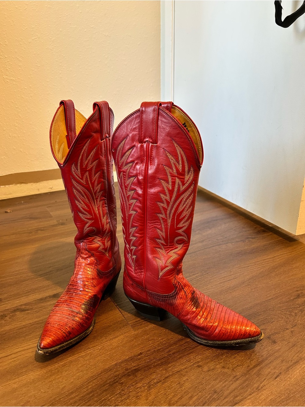 Justin Boots Red and Cream Embroidered Western Boots